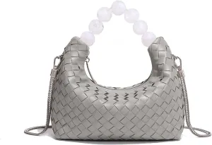 Mini Deluxe Leather Handmade Woven Women's Tote with Beaded Carrying Handle Age Reduced Elegant Chain Crossbody Bag