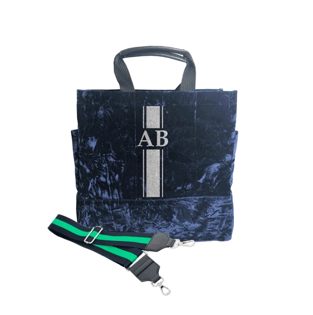 Monogram Stripe Luxe North South: Midnight Blue Crushed Velvet