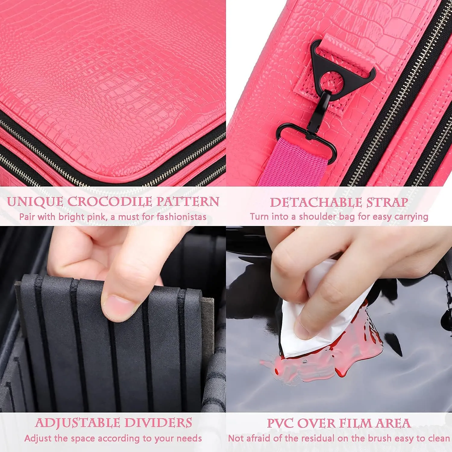 Professional Makeup Case 16Inches Crocodile Makeup Travel Bag Large Leather Cosmetic Train Case Portable Artist Storage Bag with Shoulder Strap for Makeup Brush (L-Hot Pink)