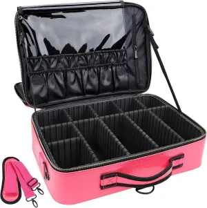 Professional Makeup Case 16Inches Crocodile Makeup Travel Bag Large Leather Cosmetic Train Case Portable Artist Storage Bag with Shoulder Strap for Makeup Brush (L-Hot Pink)