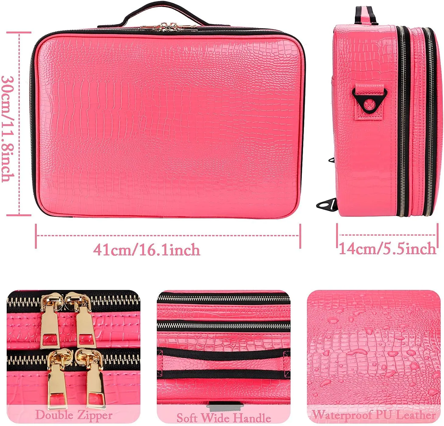 Professional Makeup Case 16Inches Crocodile Makeup Travel Bag Large Leather Cosmetic Train Case Portable Artist Storage Bag with Shoulder Strap for Makeup Brush (L-Hot Pink)