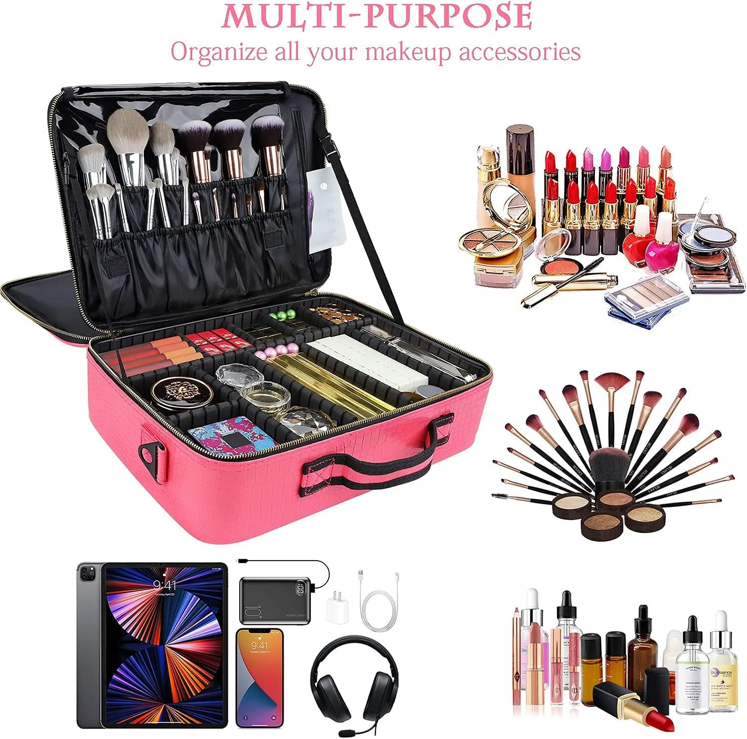 Professional Makeup Case 16Inches Crocodile Makeup Travel Bag Large Leather Cosmetic Train Case Portable Artist Storage Bag with Shoulder Strap for Makeup Brush (L-Hot Pink)