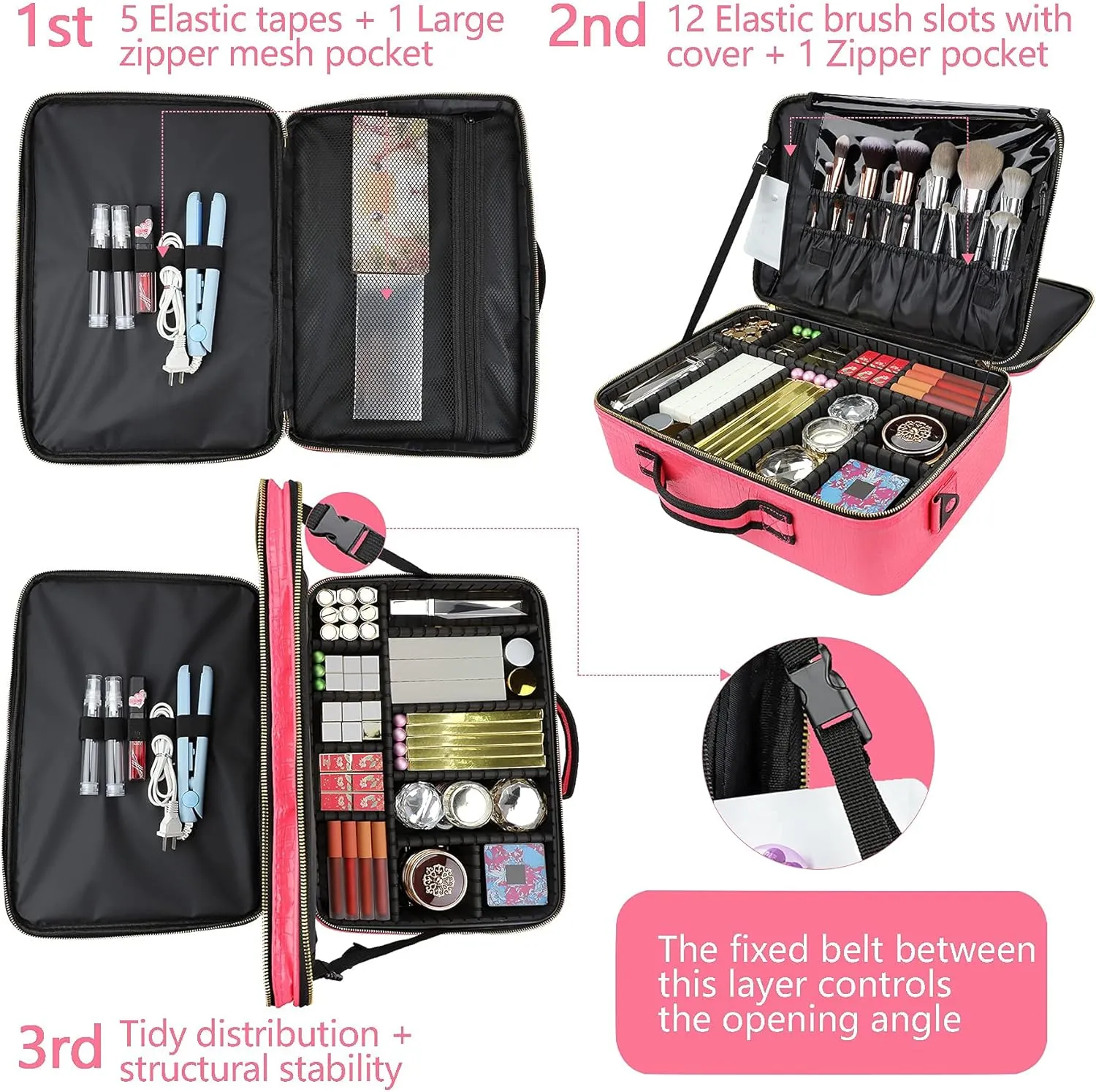 Professional Makeup Case 16Inches Crocodile Makeup Travel Bag Large Leather Cosmetic Train Case Portable Artist Storage Bag with Shoulder Strap for Makeup Brush (L-Hot Pink)