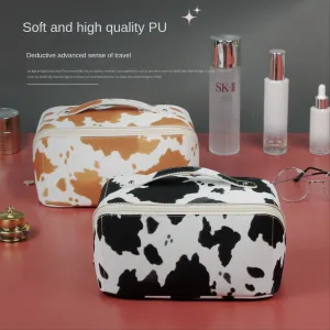 PU leather cow print large capacity multifunctional makeup bag premium sense wash bag