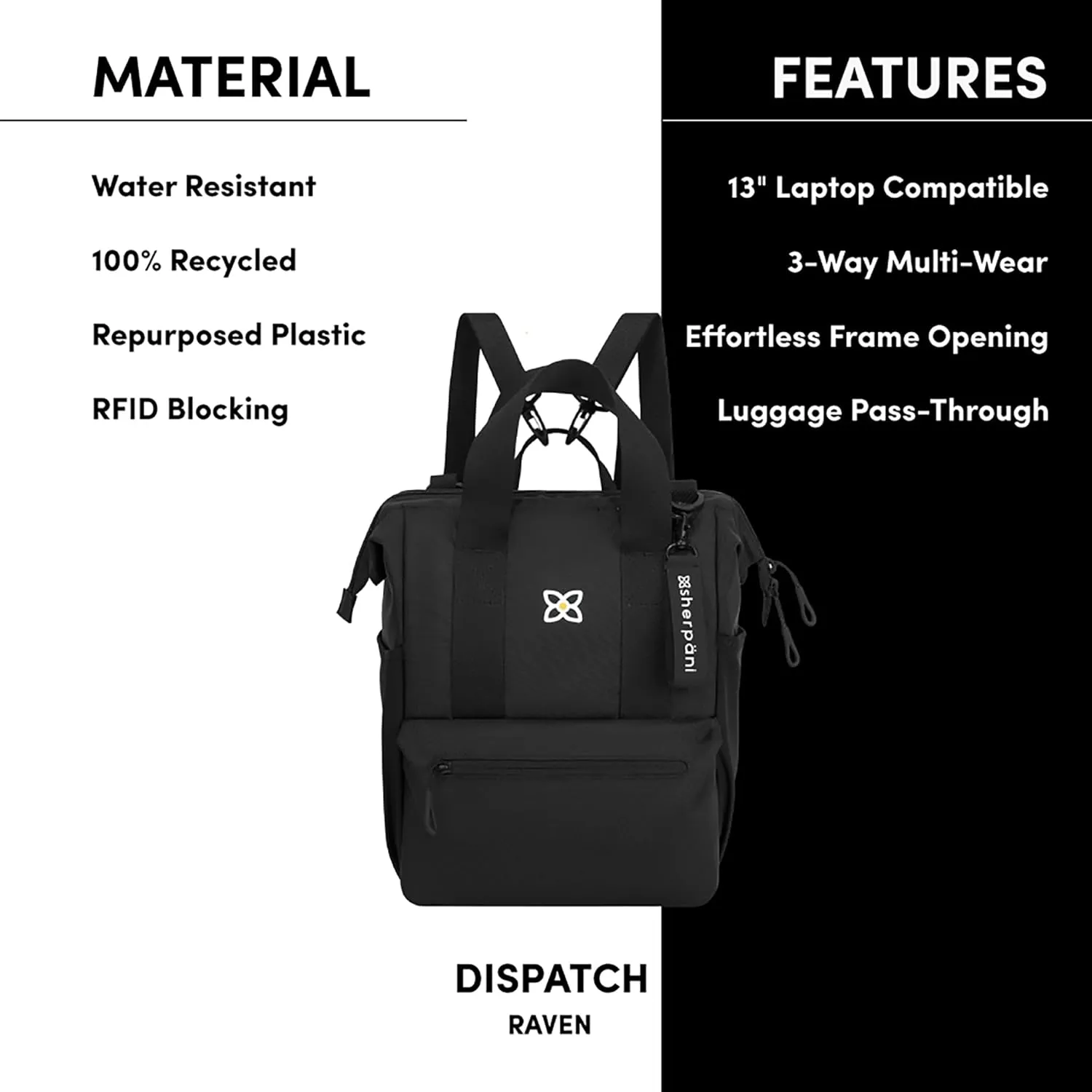 Sherpani Dispatch, Convertible Backpack, 3 in 1 Tote Bag, Women Crossbody Bag, Cross Body Purse, 14L Travel Backpack, Travel Gifts for Mothers Day 2025, RFID Protection, Fits 13 Laptop (Raven)