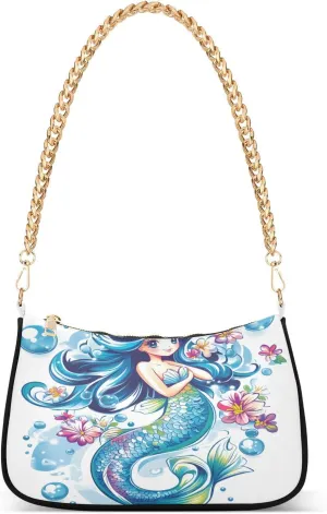 Shoulder Bags for Women Mermaid Flower Bubbles Hobo Tote Handbag Small Clutch Purse with Zipper Closure