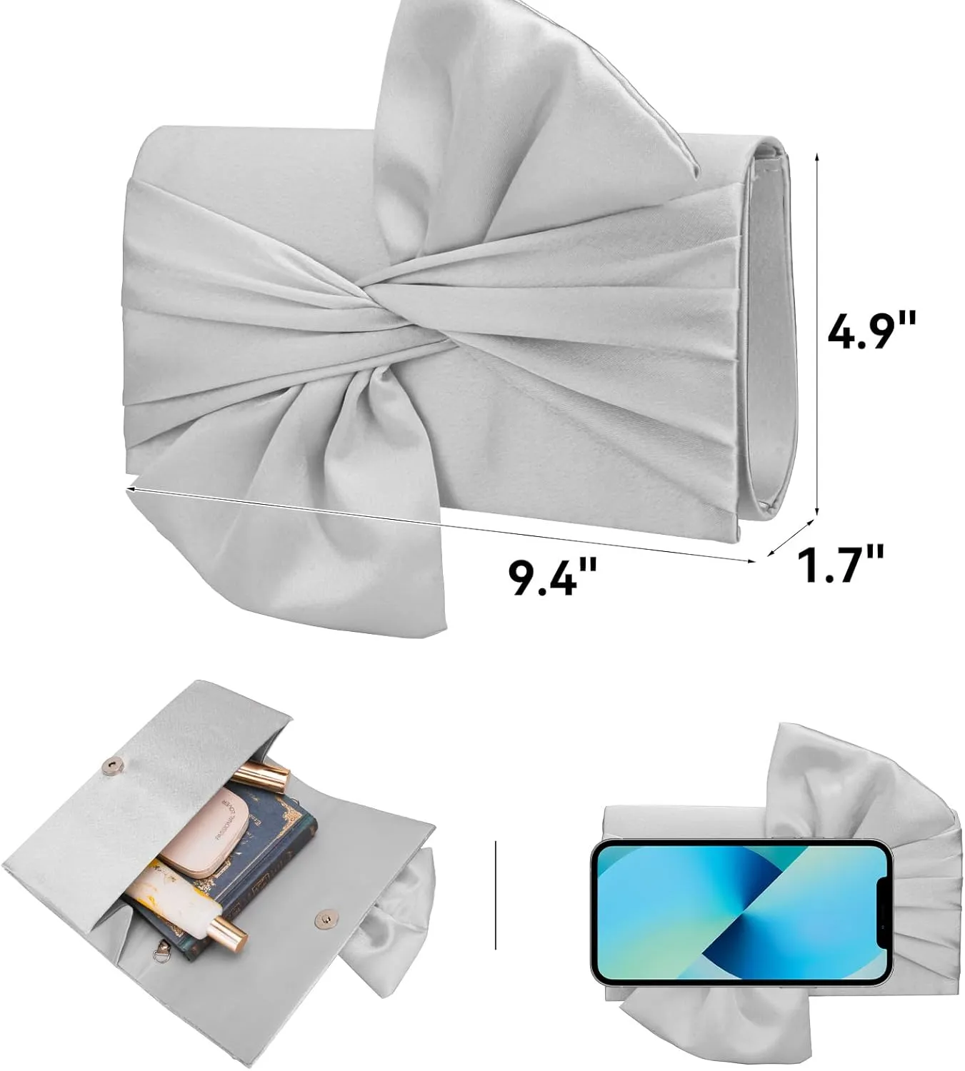 Simcat Womens Clutch Bag,Pleated Satin Handbag Lady Pleated Bow Purse Evening Bag with Chain for Wedding Prom Formal Party
