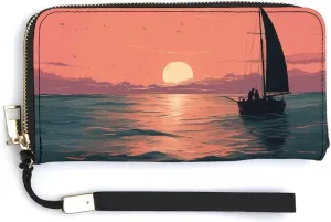 Sunset Sea Leather Wallets Zip Around Clutch Bag Ladies Credit Card Holder Clutch Purse for Women