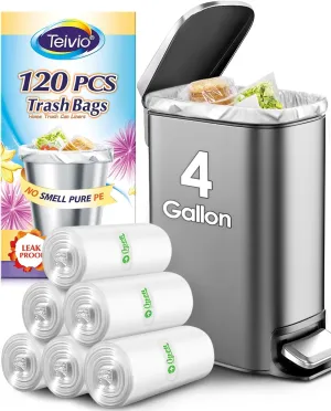 Teivio 4 Gallon 120 Counts Strong Trash Bags Garbage Bags, Bathroom Trash Can Bin Liners, Small Plastic Bags for home office kitchen, fit 12-15 Liter, 3,3.5,4.5 Gal, Clear