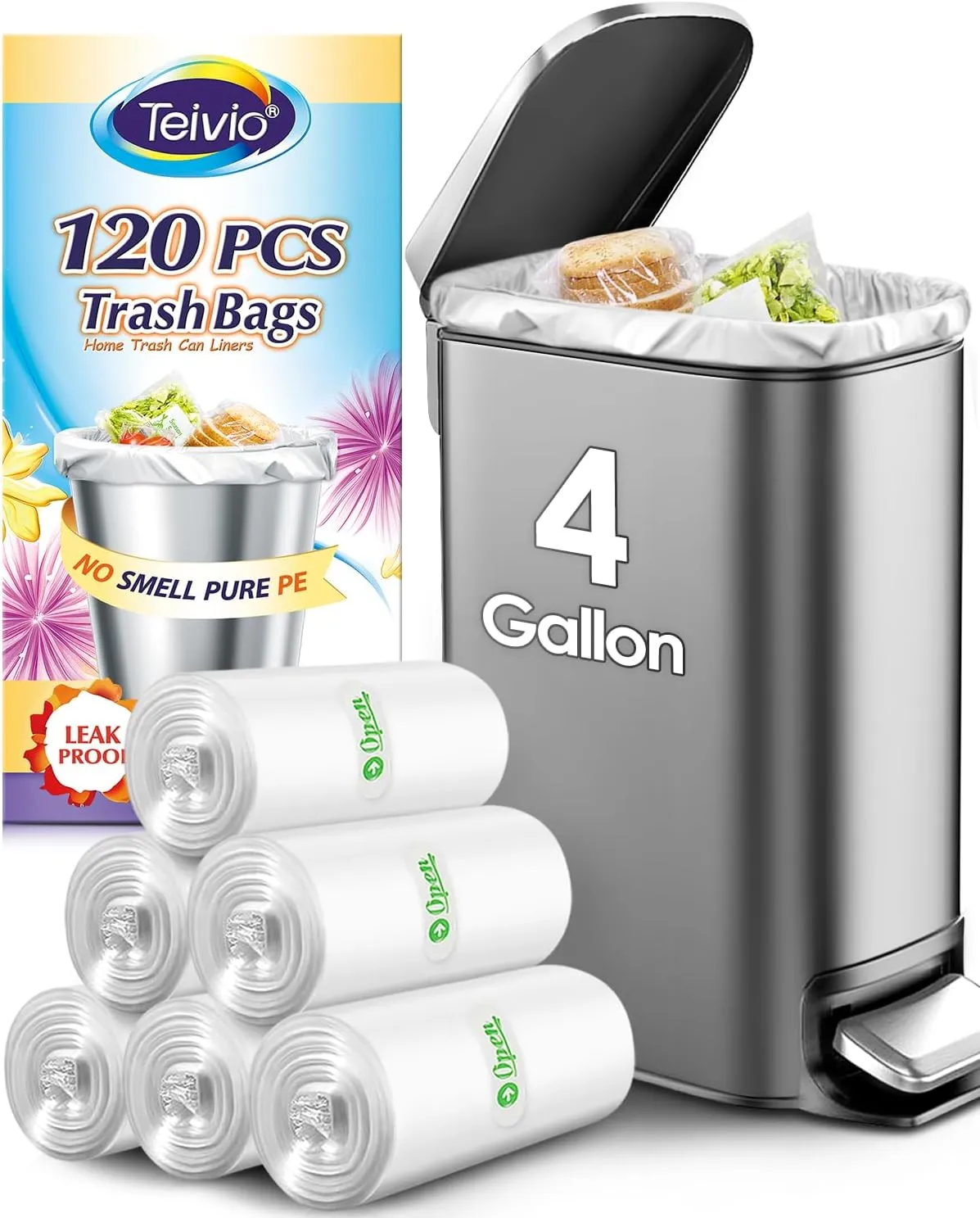 Teivio 4 Gallon 120 Counts Strong Trash Bags Garbage Bags, Bathroom Trash Can Bin Liners, Small Plastic Bags for home office kitchen, fit 12-15 Liter, 3,3.5,4.5 Gal, Clear
