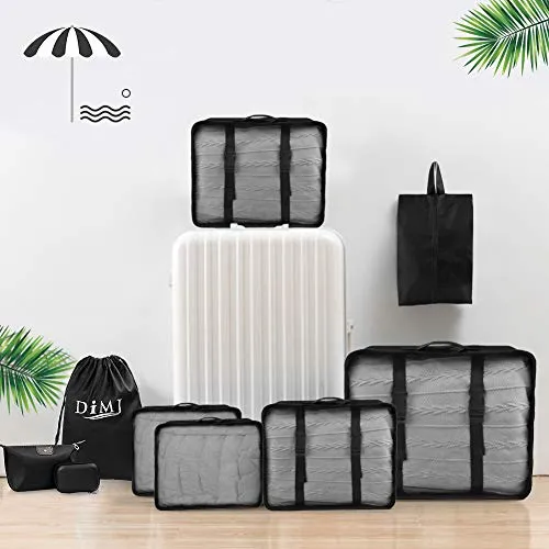 Travel Packing Cubes, 9 PCS Travel Organizer Set Foldable Luggage Bags Lightweight Travel Storage Pouch with Cable Storage Bag (black)