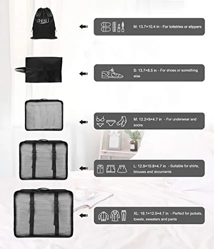 Travel Packing Cubes, 9 PCS Travel Organizer Set Foldable Luggage Bags Lightweight Travel Storage Pouch with Cable Storage Bag (black)
