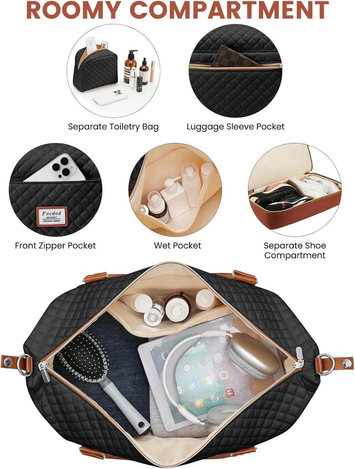 Travel Weekender Duffle Bags for Women: Overnight Bags with Shoe Compartment Large Carry on Weekend Bag with Toiletry & Wet Pocket Tote Duffel Bag Hospital Bag for Women Labor Delivery Black Brown