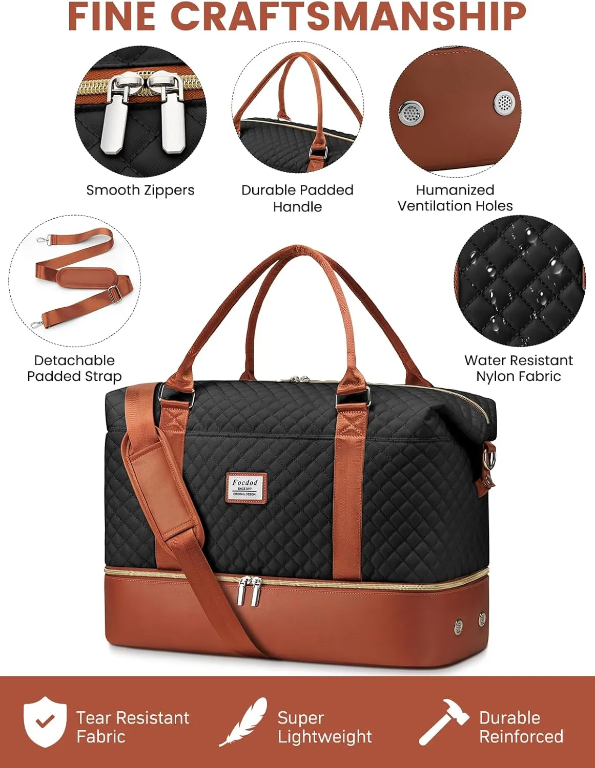 Travel Weekender Duffle Bags for Women: Overnight Bags with Shoe Compartment Large Carry on Weekend Bag with Toiletry & Wet Pocket Tote Duffel Bag Hospital Bag for Women Labor Delivery Black Brown