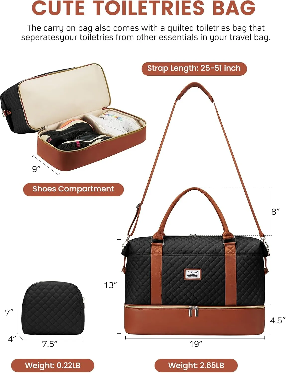 Travel Weekender Duffle Bags for Women: Overnight Bags with Shoe Compartment Large Carry on Weekend Bag with Toiletry & Wet Pocket Tote Duffel Bag Hospital Bag for Women Labor Delivery Black Brown