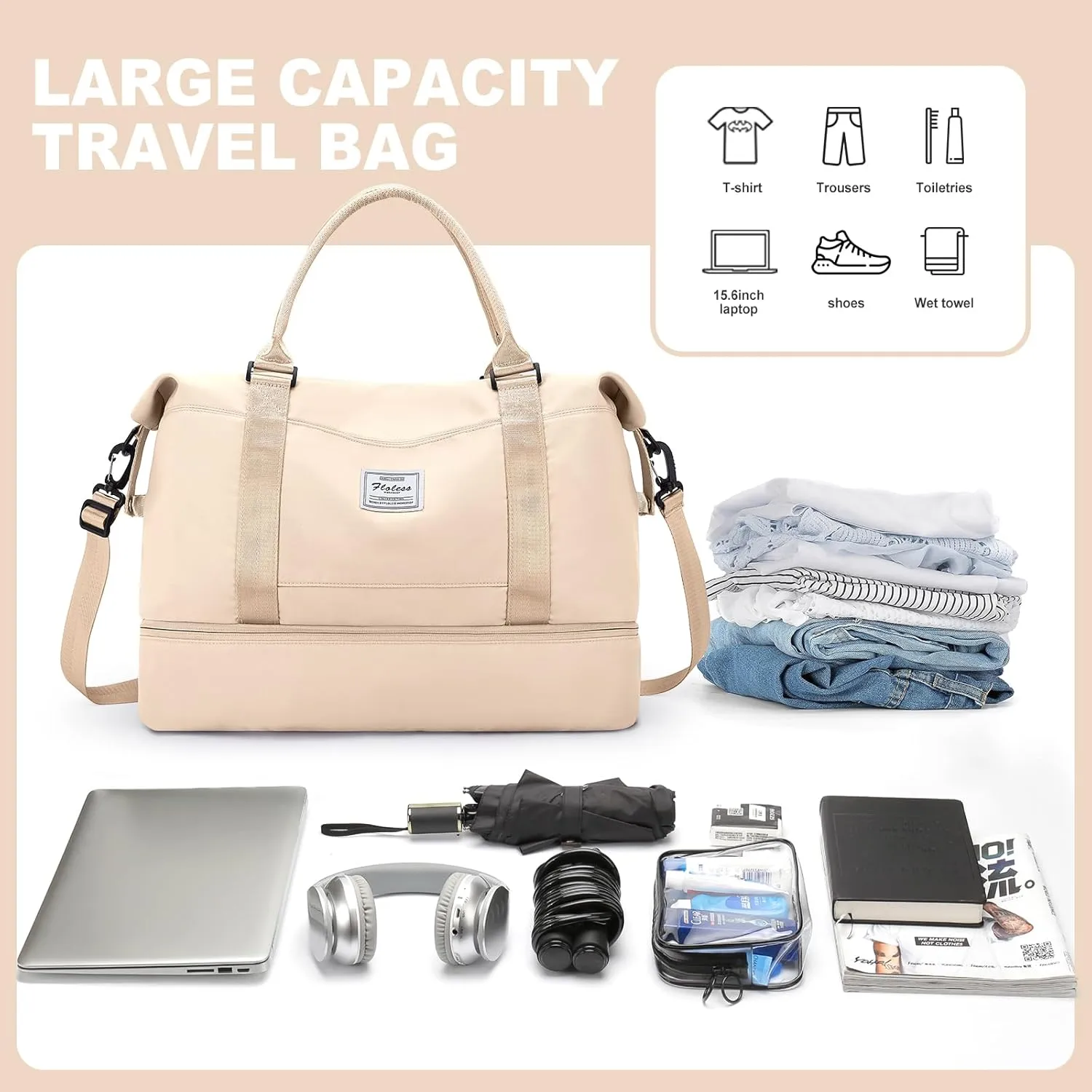 Weekender Bags for Women, Travel Duffel Bags with Shoe Compartment,Personal Item Travel Bag for Airlines, Carry on Overnight Tote Bag for womenBeige