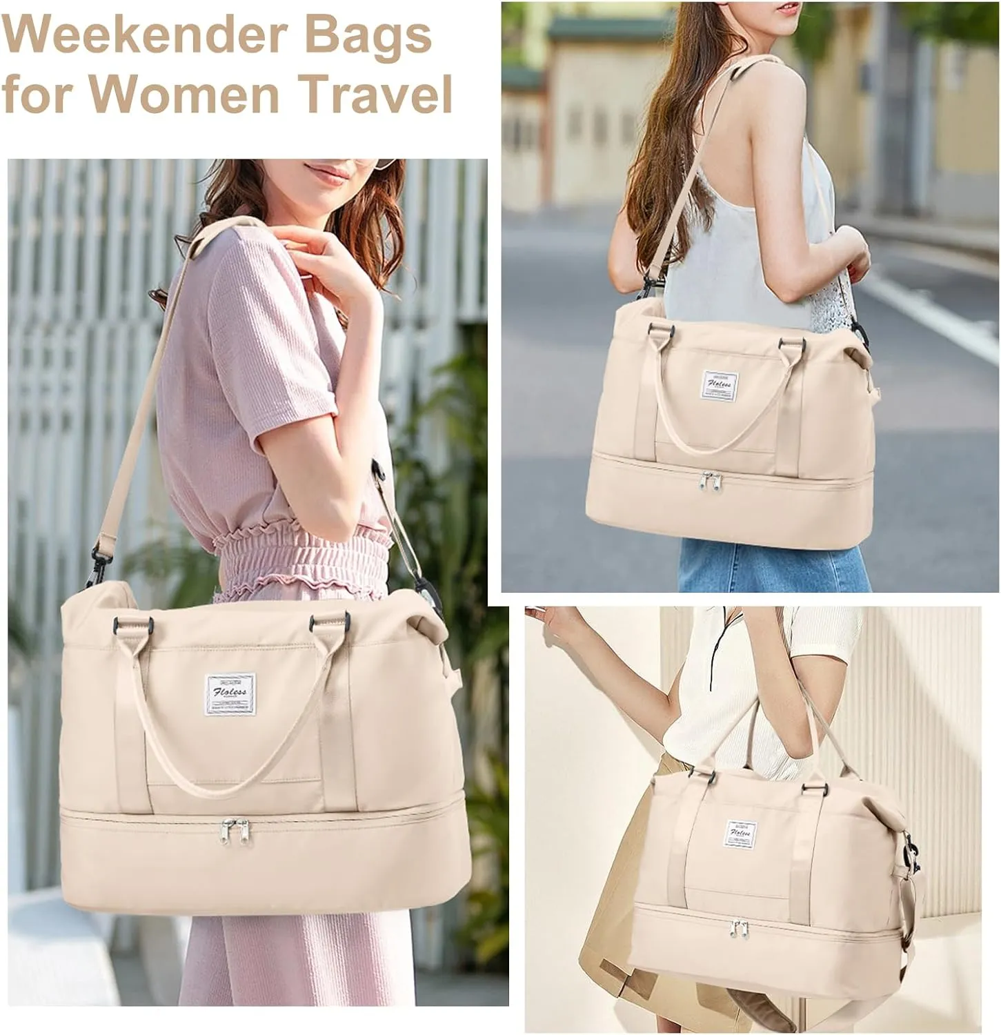 Weekender Bags for Women, Travel Duffel Bags with Shoe Compartment,Personal Item Travel Bag for Airlines, Carry on Overnight Tote Bag for womenBeige
