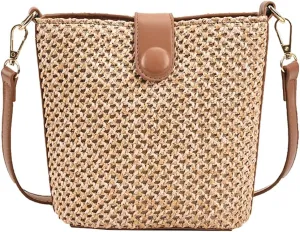 Women Straw Crossbody Bag Beach Handmade Rattan Shoulder Bags Hand Woven Leather Straps Straw Clutch Purse Vacation