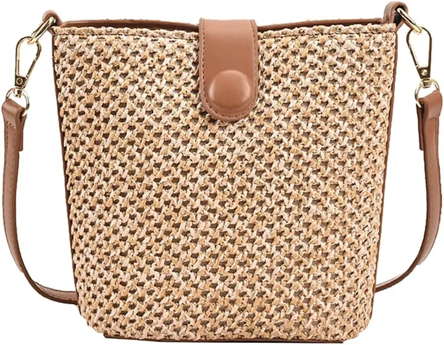 Women Straw Crossbody Bag Beach Handmade Rattan Shoulder Bags Hand Woven Leather Straps Straw Clutch Purse Vacation