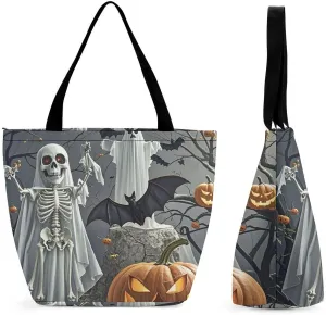 Women Tote Bags with Handles Cute Ghost Pumpkin Lantern Shoulder Bag with Zipper Handbags Shopping Bags Travel Bag Beach Bag Reusable Grocery Bag for Swim Holiday Gift