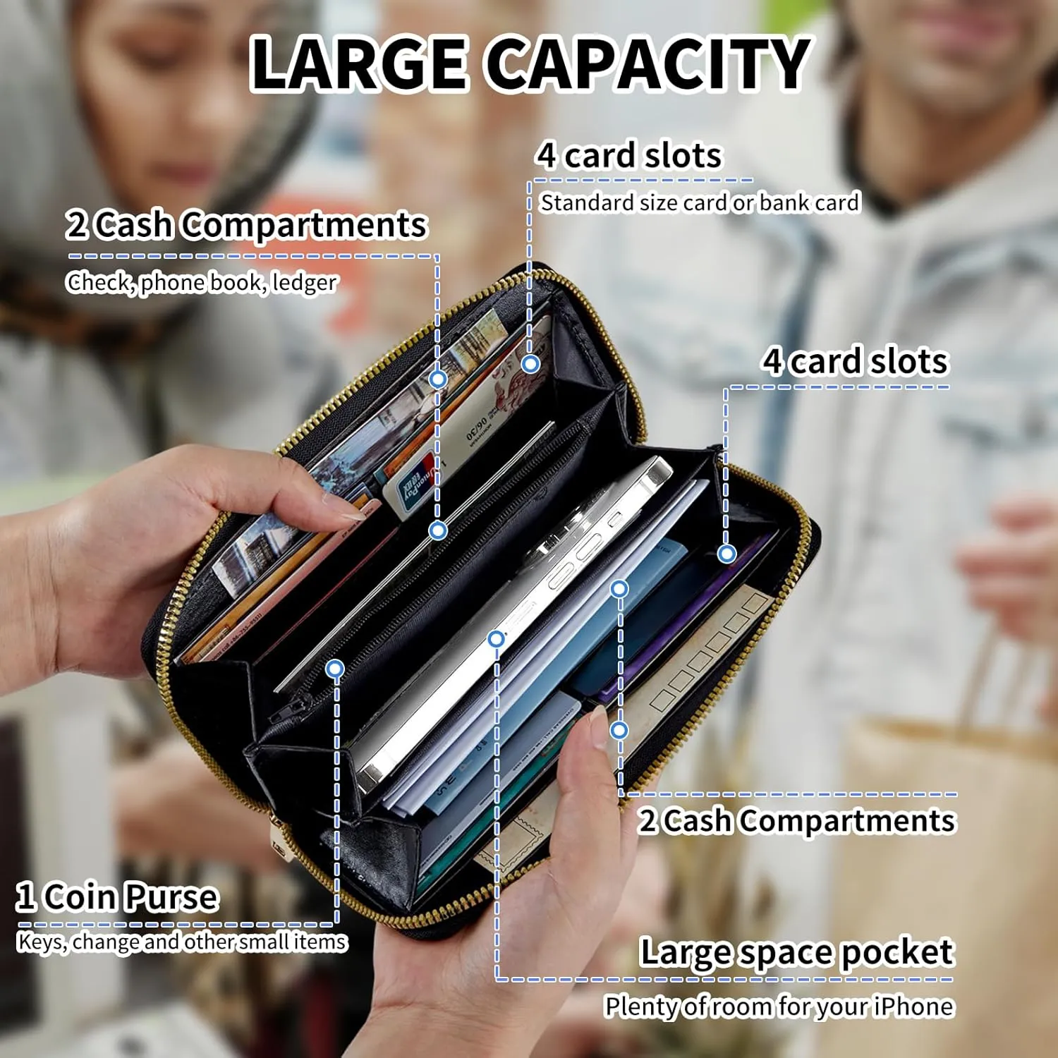 Womens Wallet, Large Capacity RFID Blocking PU Leather Wristlet Wallets for Women Ladies Men Credit Card Holder Zipper Wallet Phone Holder Clutch Travel Purse, Dolphin