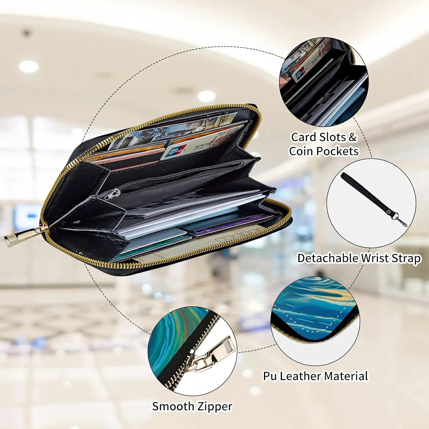 Womens Wallet, Large Capacity RFID Blocking PU Leather Wristlet Wallets for Women Ladies Men Credit Card Holder Zipper Wallet Phone Holder Clutch Travel Purse, Dolphin