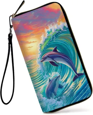 Womens Wallet, Large Capacity RFID Blocking PU Leather Wristlet Wallets for Women Ladies Men Credit Card Holder Zipper Wallet Phone Holder Clutch Travel Purse, Dolphin