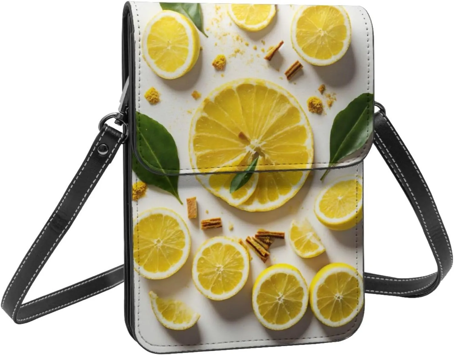 Yellow Lemon Print Small Crossbody Bags Women Card Slots Shoulder Bag Purse Leather Flip Phone Wallet