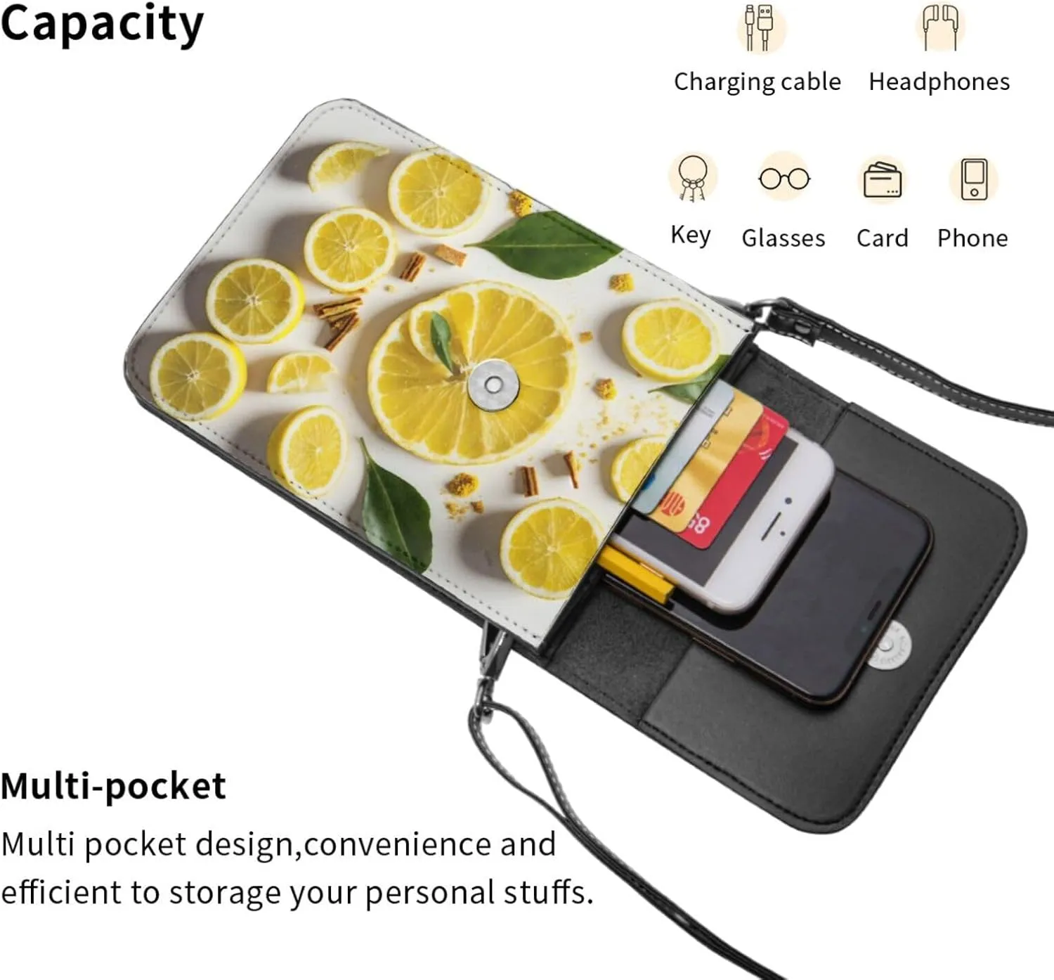 Yellow Lemon Print Small Crossbody Bags Women Card Slots Shoulder Bag Purse Leather Flip Phone Wallet