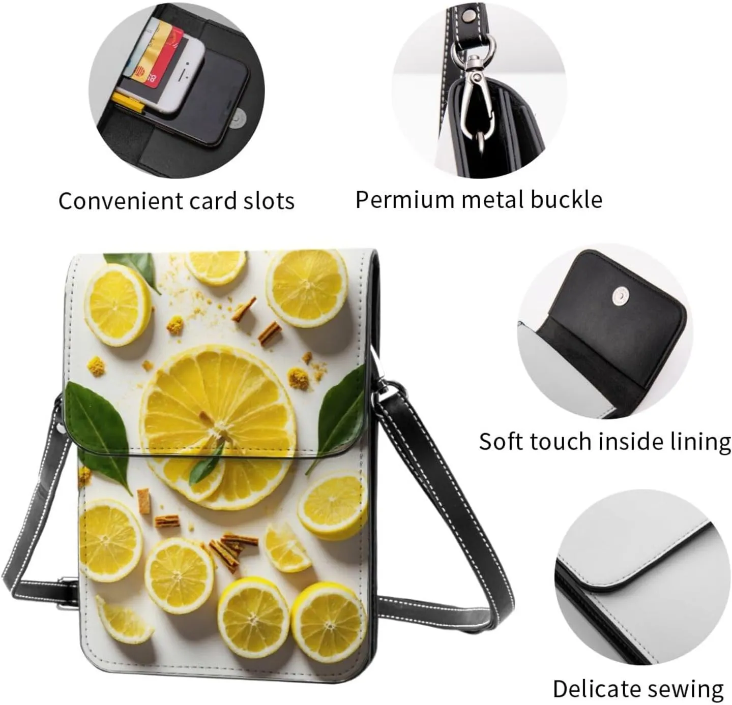 Yellow Lemon Print Small Crossbody Bags Women Card Slots Shoulder Bag Purse Leather Flip Phone Wallet