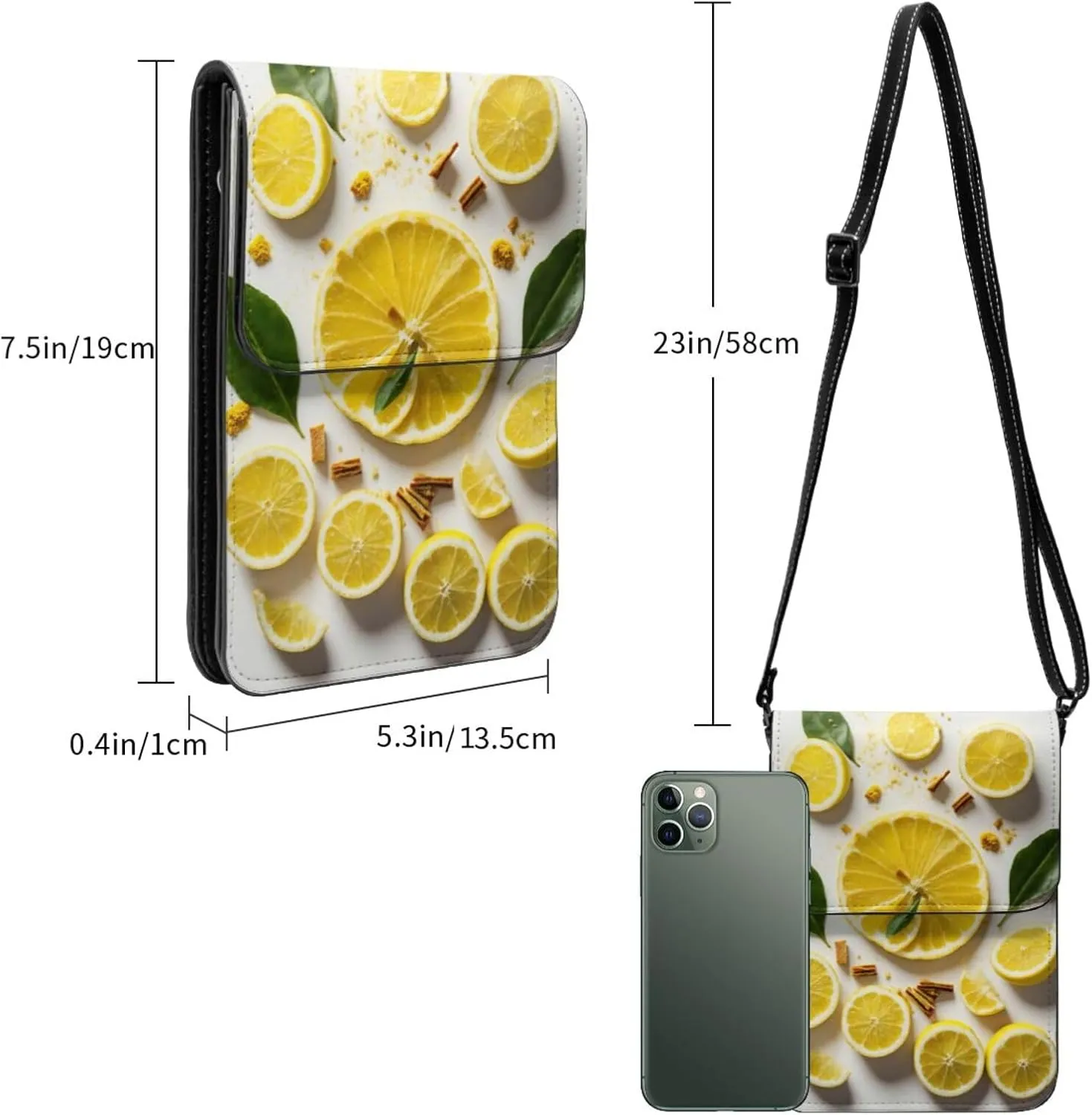 Yellow Lemon Print Small Crossbody Bags Women Card Slots Shoulder Bag Purse Leather Flip Phone Wallet