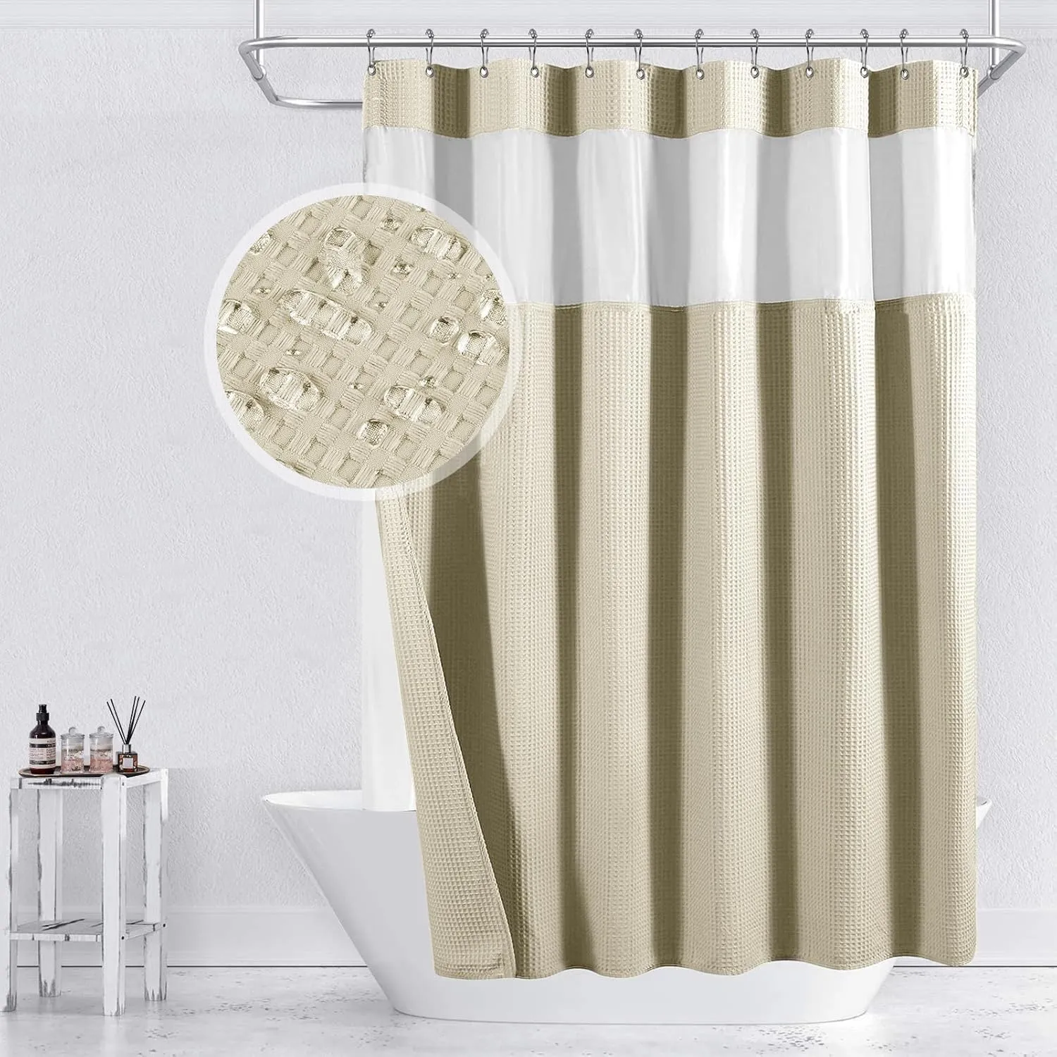 Yimobra Waffle Shower Curtain Sets with Liner, Heavyweight Fabric with 12 Hooks, Water-Repellent, Washable, Mesh Top Window, 72 "x 72", Beige