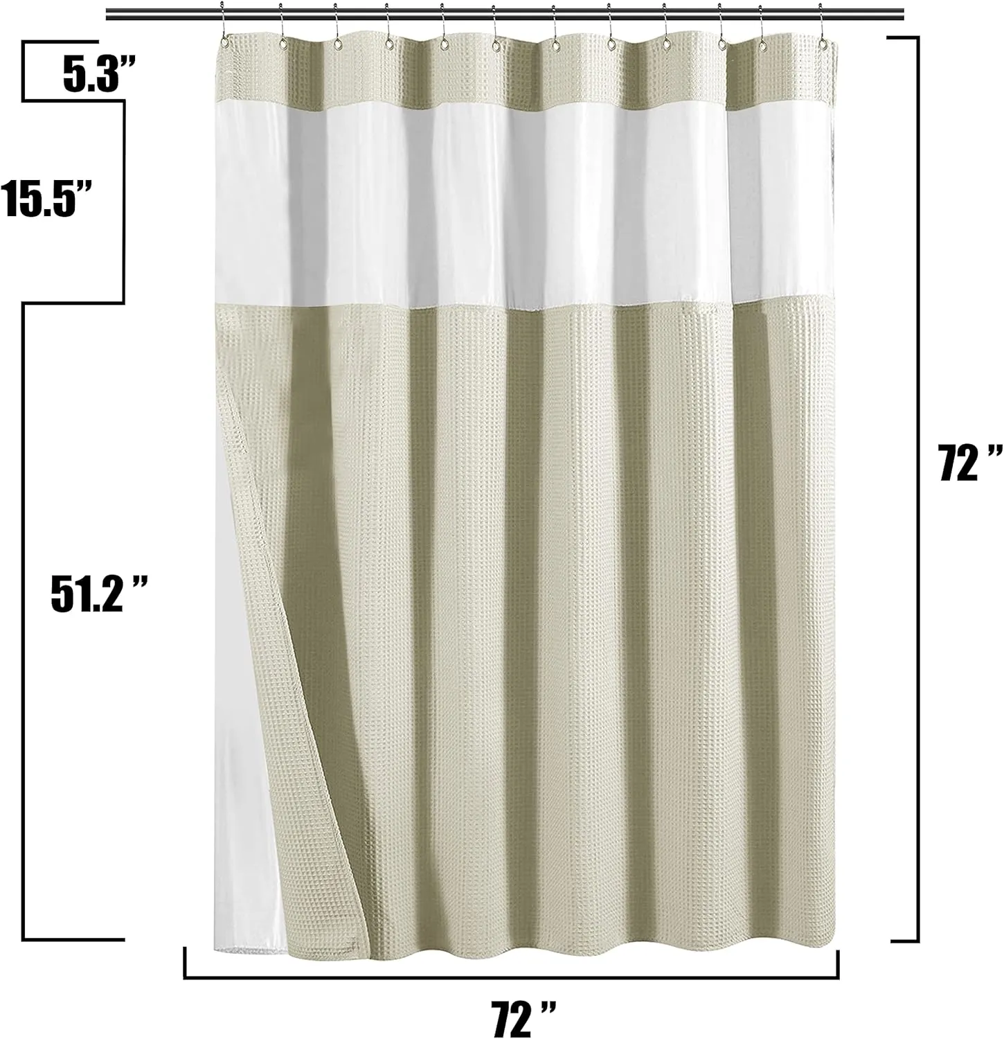 Yimobra Waffle Shower Curtain Sets with Liner, Heavyweight Fabric with 12 Hooks, Water-Repellent, Washable, Mesh Top Window, 72 "x 72", Beige