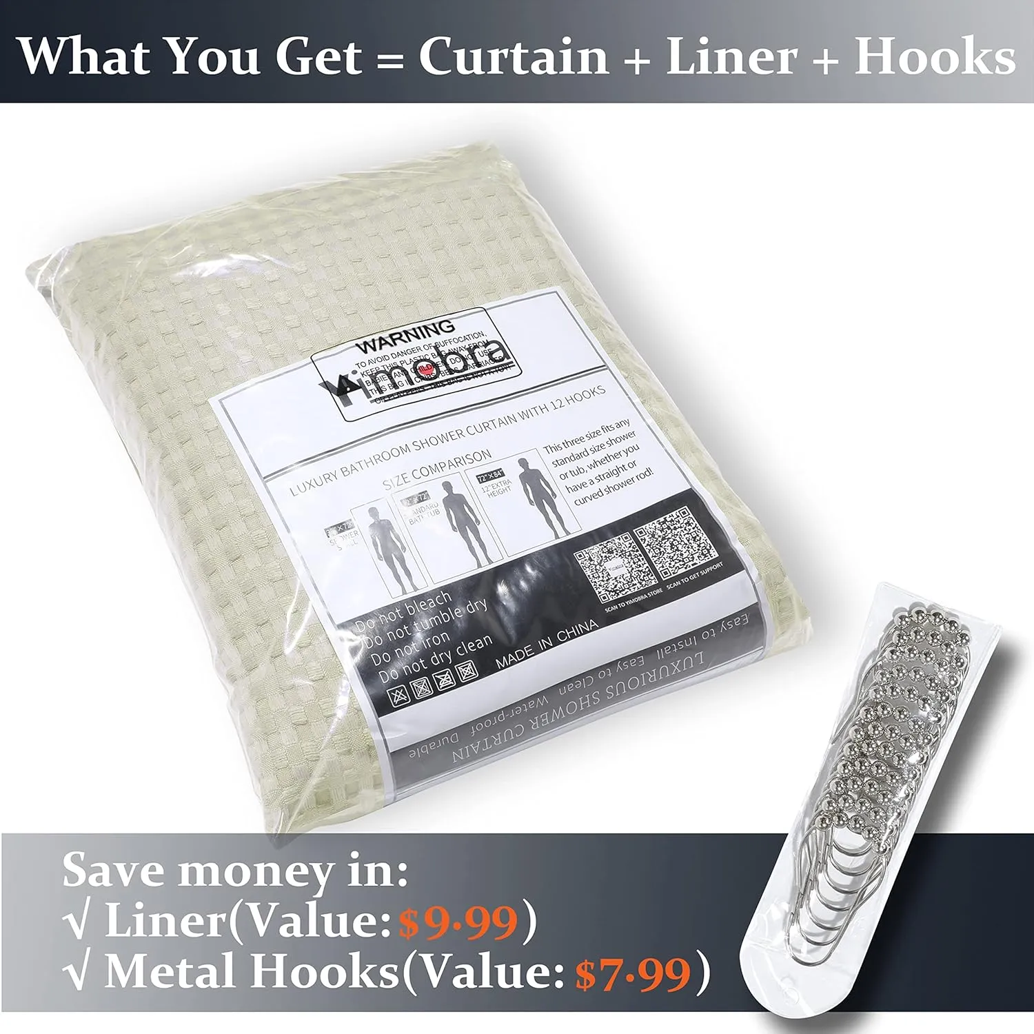 Yimobra Waffle Shower Curtain Sets with Liner, Heavyweight Fabric with 12 Hooks, Water-Repellent, Washable, Mesh Top Window, 72 "x 72", Beige