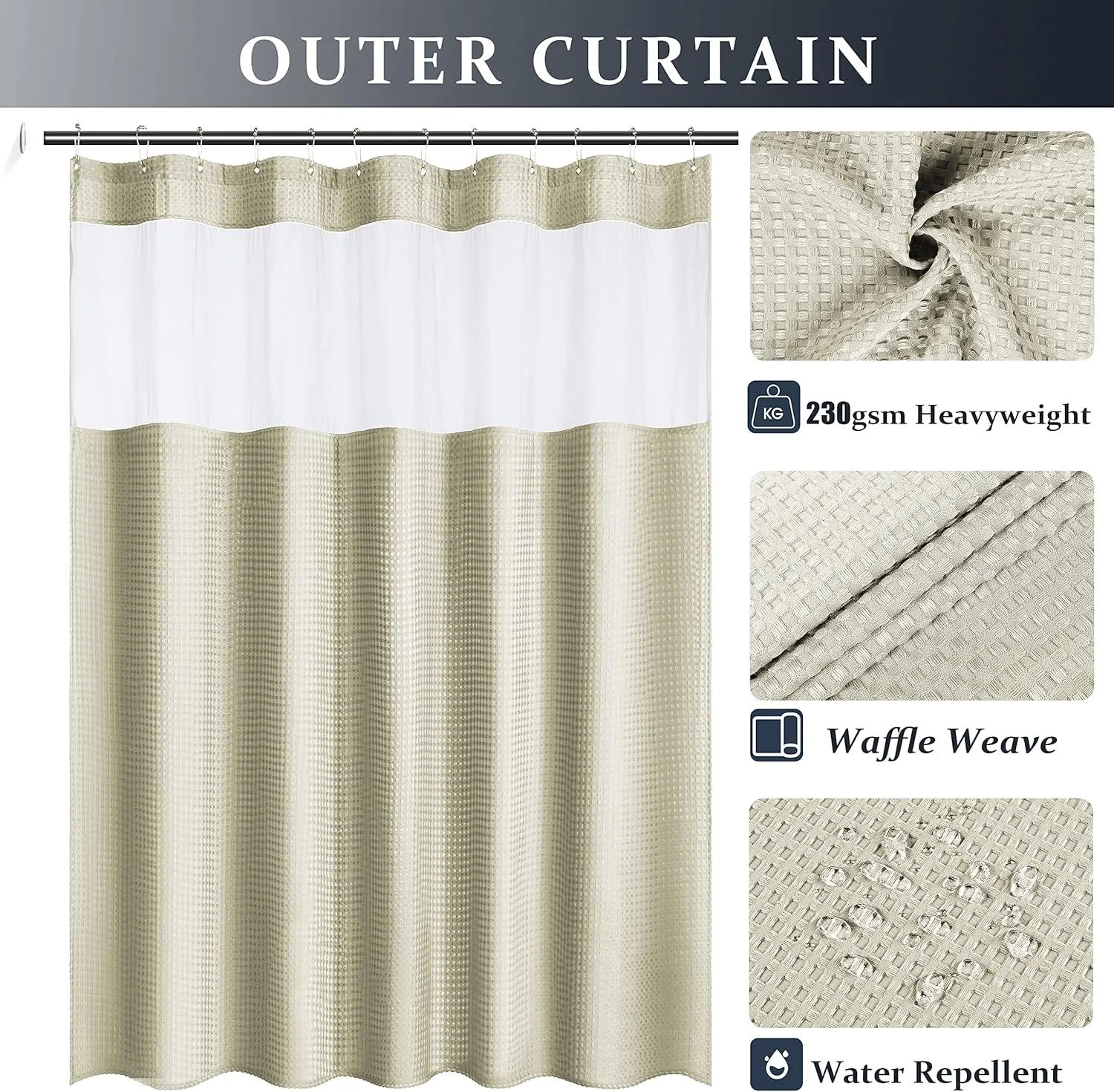 Yimobra Waffle Shower Curtain Sets with Liner, Heavyweight Fabric with 12 Hooks, Water-Repellent, Washable, Mesh Top Window, 72 "x 72", Beige